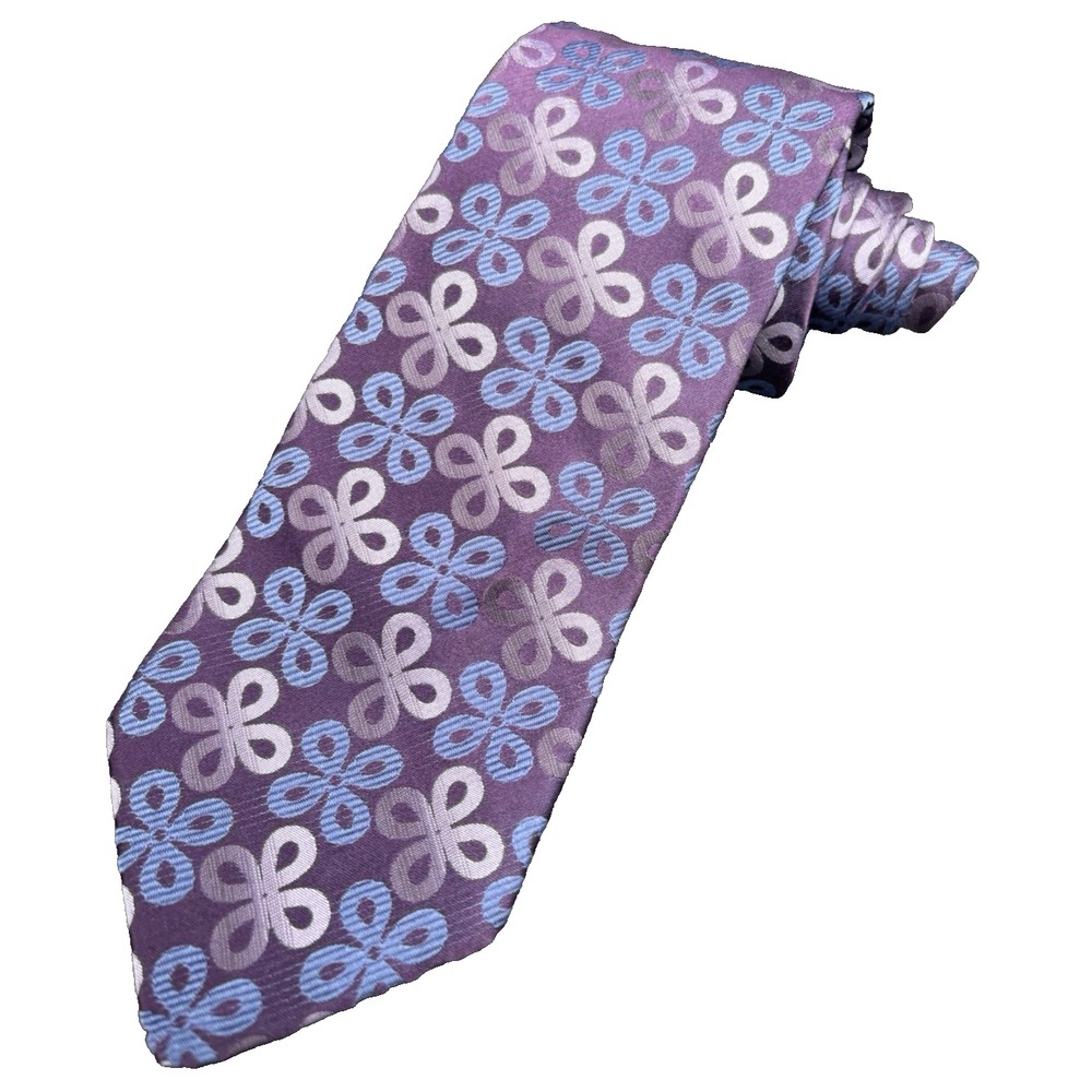 Ted Baker London Tie Men's 100% Silk Purple Blue Clovers Geometric Made USA EUC
